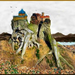 Fotomontage auf Baumwurzeln